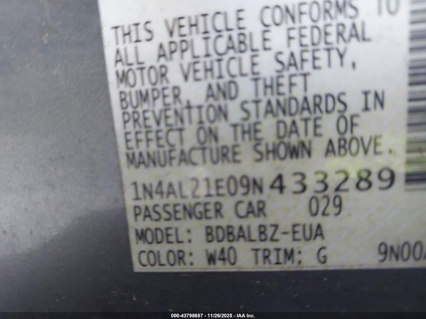 2009 Nissan Altima 2.5 S VIN: 1N4AL21E09N433289 Lot: 43798657