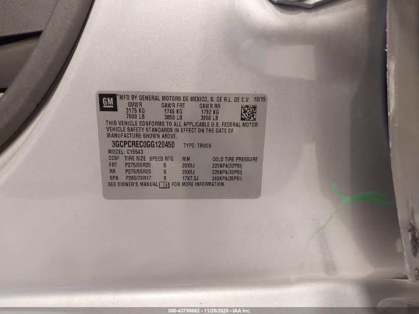 2016 Chevrolet Silverado 1500 1Lt VIN: 3GCPCREC0GG120450 Lot: 43798662