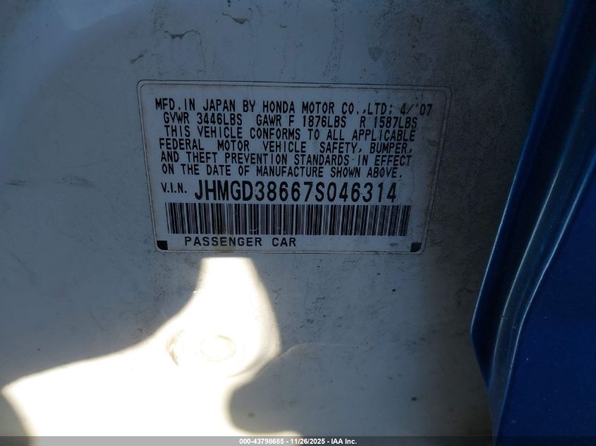 2007 Honda Fit Sport VIN: JHMGD38667S046314 Lot: 43798685