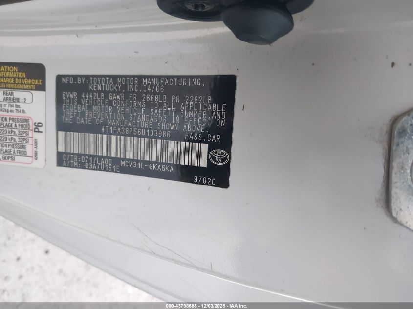 2006 Toyota Camry Solara Sle VIN: 4T1FA38P56U103986 Lot: 43798686