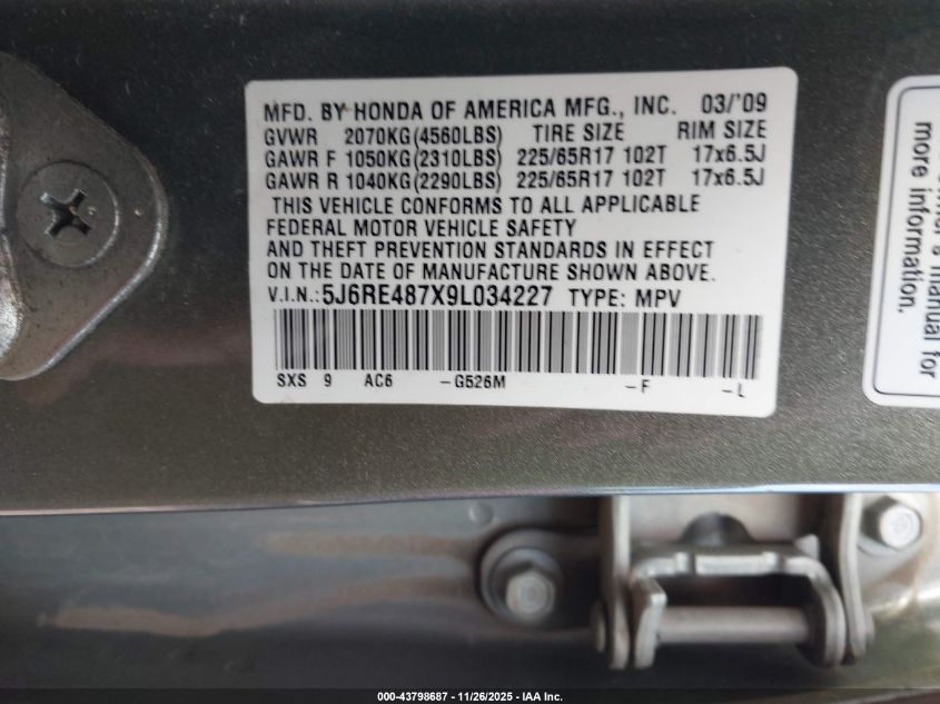 2009 Honda Cr-V Ex-L VIN: 5J6RE487X9L034227 Lot: 43798687