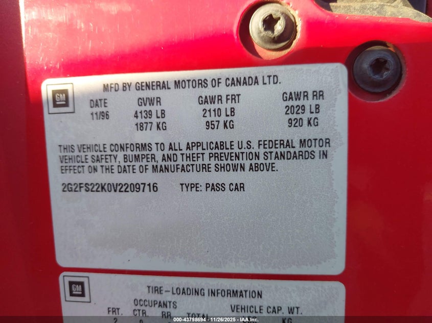 1997 Pontiac Firebird VIN: 2G2FS22K0V2209716 Lot: 43798694