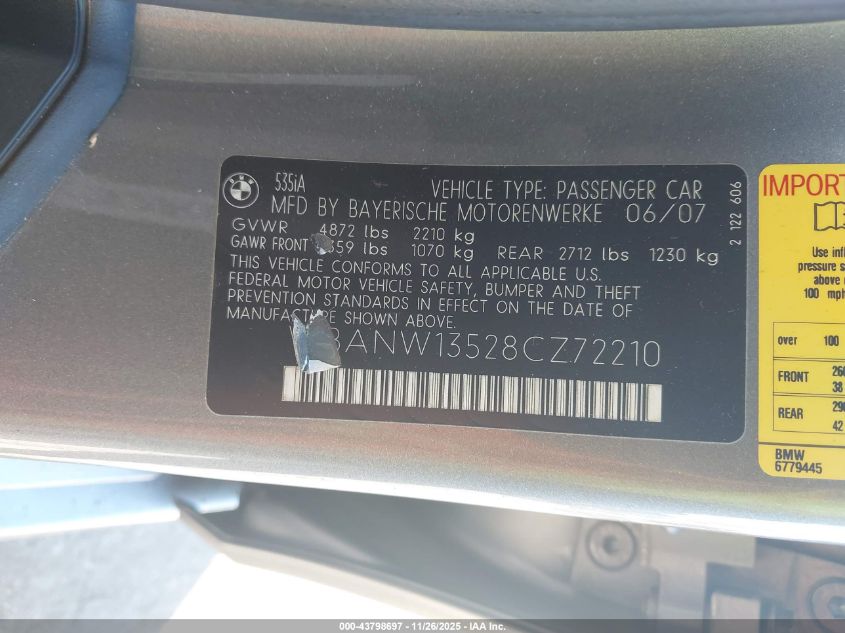2008 BMW 535I VIN: WBANW13528CZ72210 Lot: 43798697