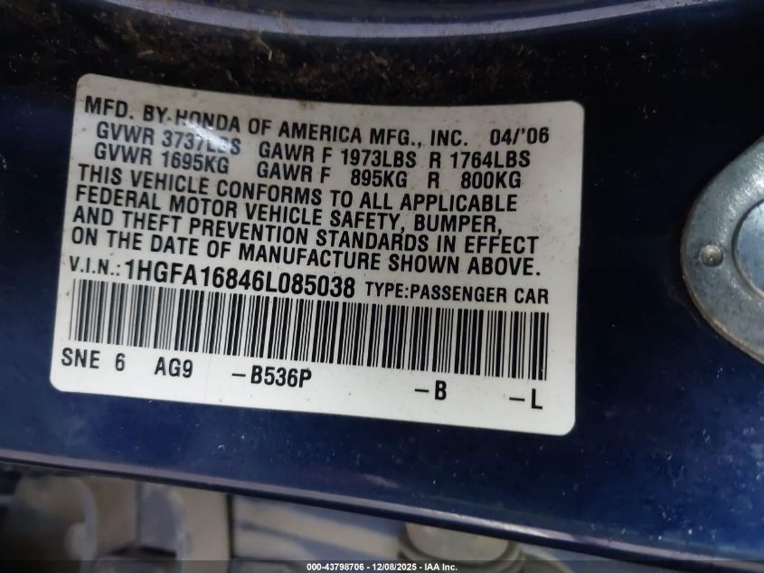 2006 Honda Civic Ex VIN: 1HGFA16846L085038 Lot: 43798706