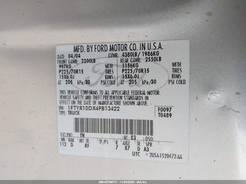 2004 Ford Ranger Xl/Xlt VIN: 1FTYR10DX4PB13422 Lot: 43798717