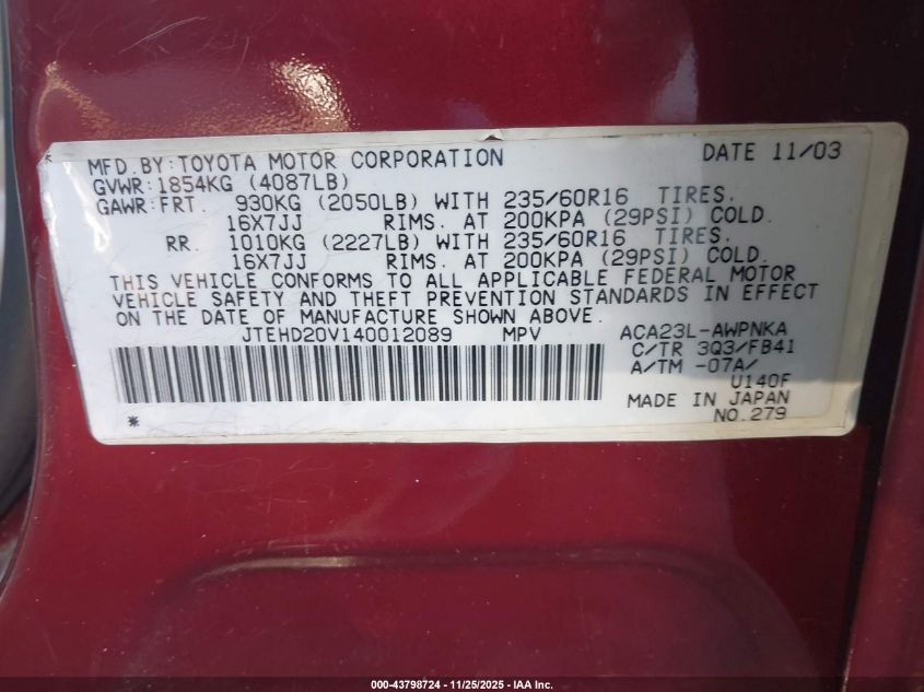 2004 Toyota Rav4 VIN: JTEHD20V140012089 Lot: 43798724