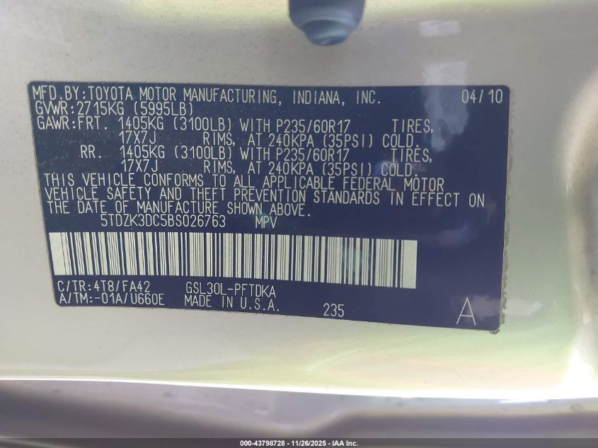 2011 Toyota Sienna Base V6 VIN: 5TDZK3DC5BS026763 Lot: 43798728