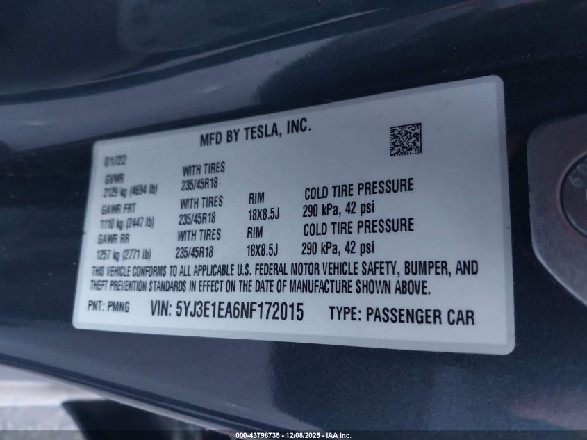 2022 Tesla Model 3 Rear-Wheel Drive VIN: 5YJ3E1EA6NF172015 Lot: 43798735
