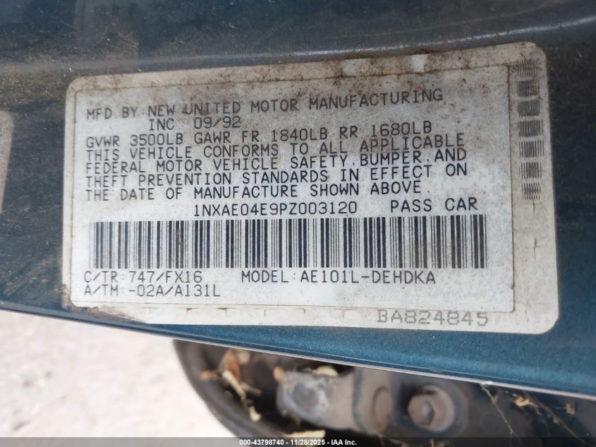 1993 Toyota Corolla VIN: 1NXAE04E9PZ003120 Lot: 43798740