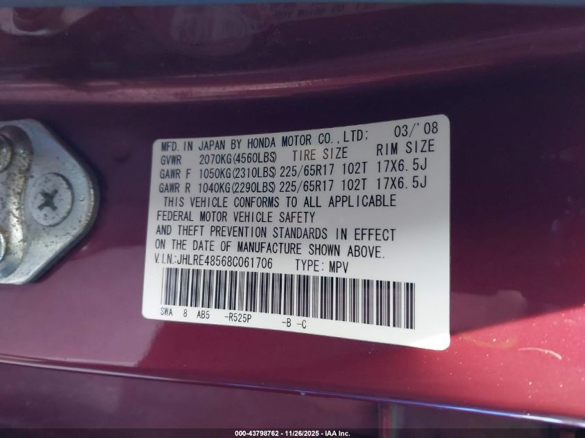 2008 Honda Cr-V Ex VIN: JHLRE48568C061706 Lot: 43798762