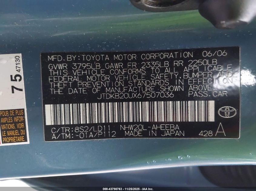 2006 Toyota Prius VIN: JTDKB20UX67507036 Lot: 43798763