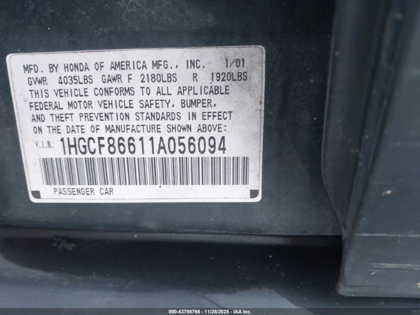 2001 Honda Accord Value Package VIN: 1HGCF86611A056094 Lot: 43798766