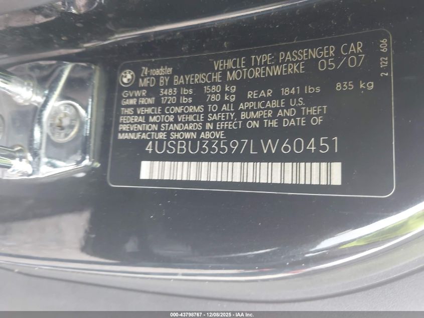 2007 BMW Z4 3.0I VIN: 4USBU33597LW60451 Lot: 43798767