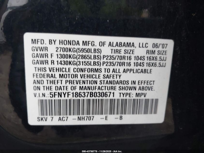 2007 Honda Pilot Ex-L VIN: 5FNYF18637B030671 Lot: 43798778