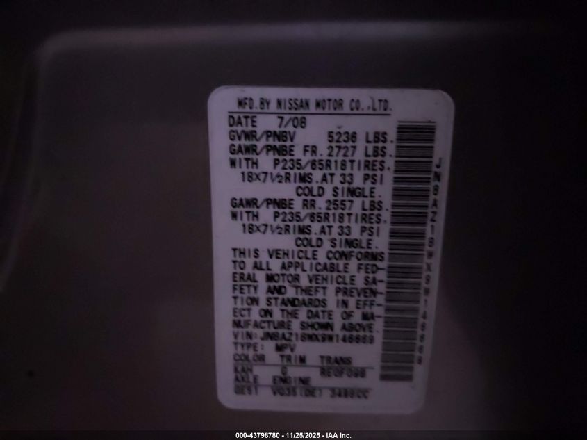 2009 Nissan Murano Sl VIN: JN8AZ18WX9W146669 Lot: 43798780