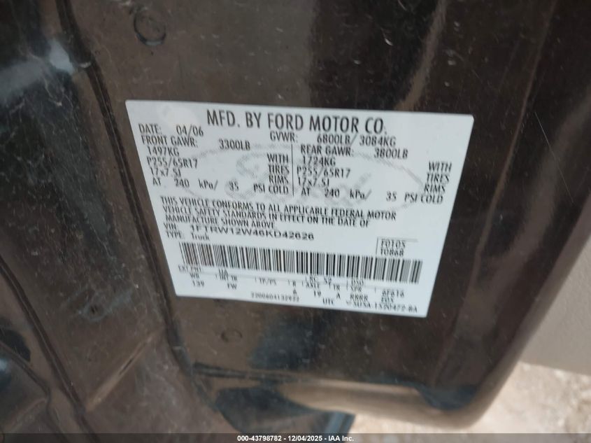 2006 Ford F-150 Xlt VIN: 1FTRW12W46KD42626 Lot: 43798782