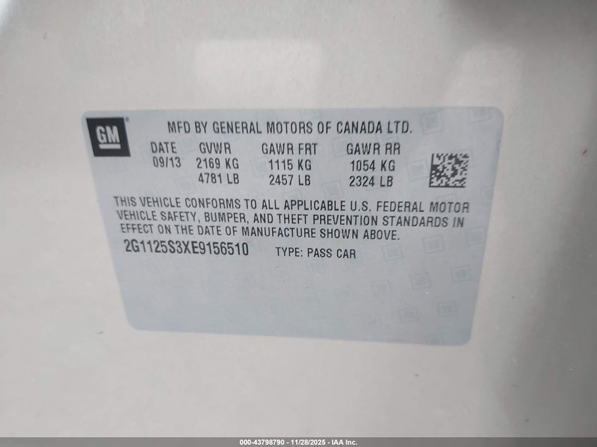 2014 Chevrolet Impala 2Lt VIN: 2G1125S3XE9156510 Lot: 43798790