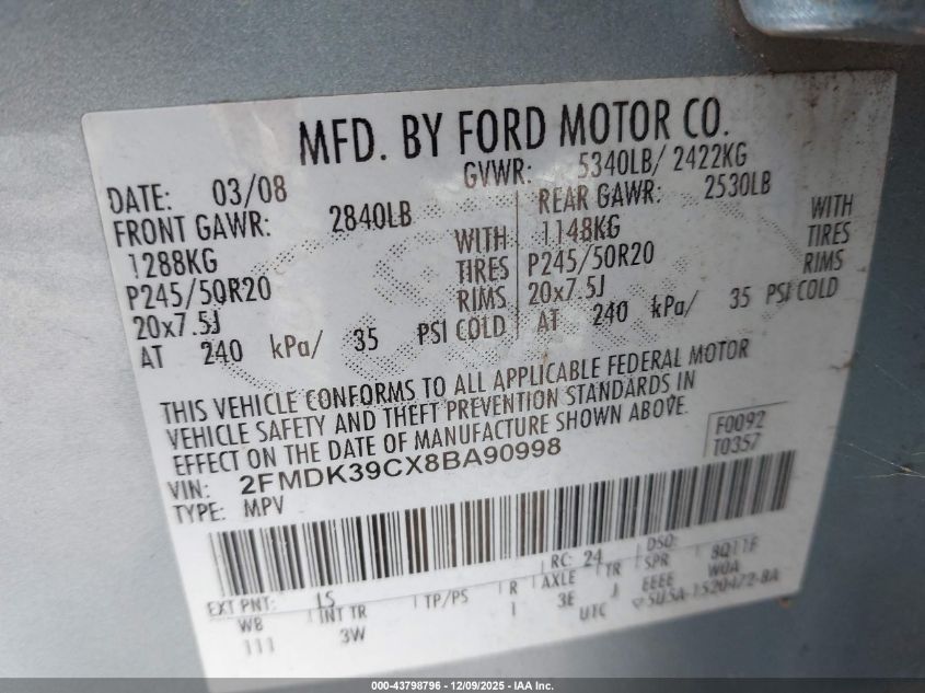 2008 Ford Edge Limited VIN: 2FMDK39CX8BA90998 Lot: 43798796