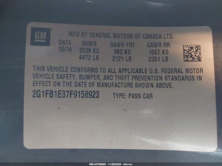 2015 Chevrolet Camaro 2Ls VIN: 2G1FB1E37F9158923 Lot: 43798800