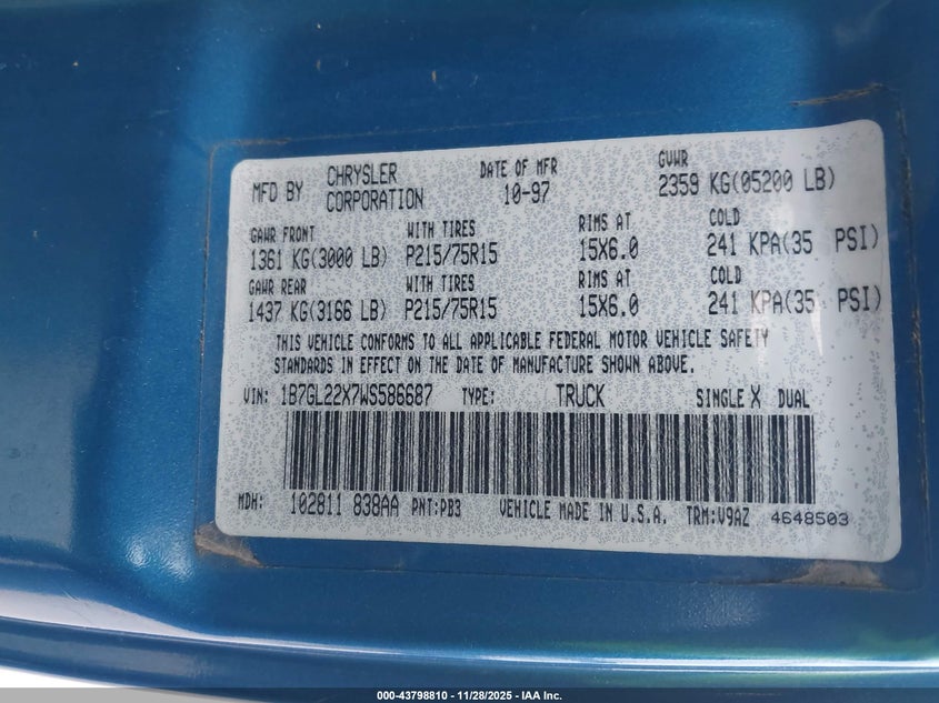 1998 Dodge Dakota Slt/Sport VIN: 1B7GL22X7WS586687 Lot: 43798810