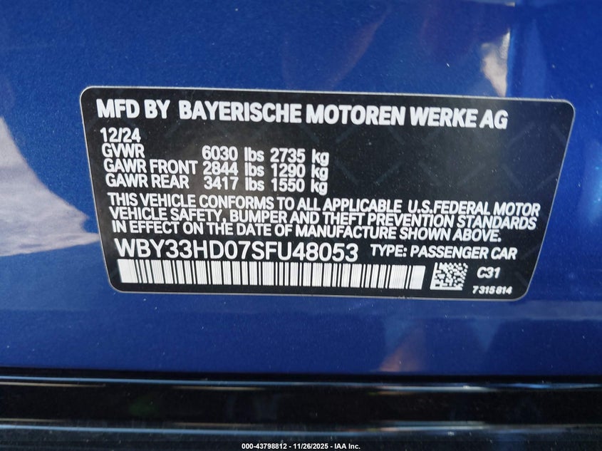 2025 BMW I4 Gran Coupe M50 VIN: WBY33HD07SFU48053 Lot: 43798812