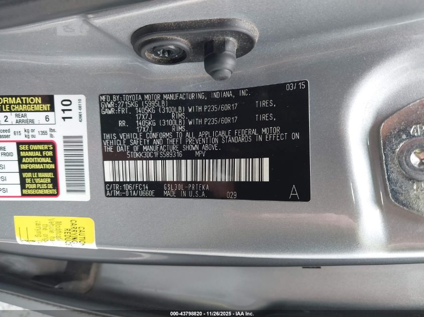 2015 Toyota Sienna Le 8 Passenger VIN: 5TDKK3DC1FS589316 Lot: 43798820