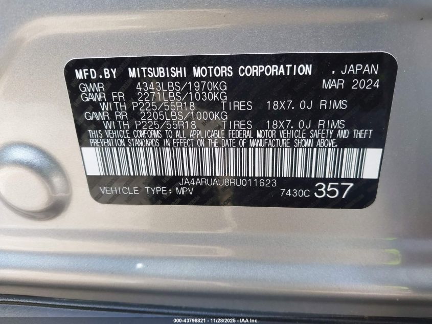 2024 Mitsubishi Outlander Sport 2.0 Es Awc VIN: JA4ARUAU8RU011623 Lot: 43798821