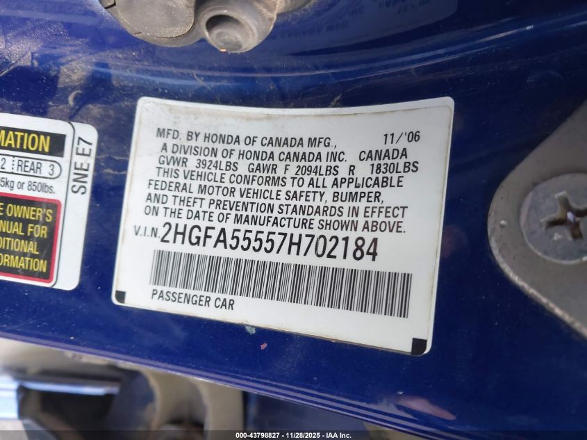 2007 Honda Civic Si VIN: 2HGFA55557H702184 Lot: 43798827