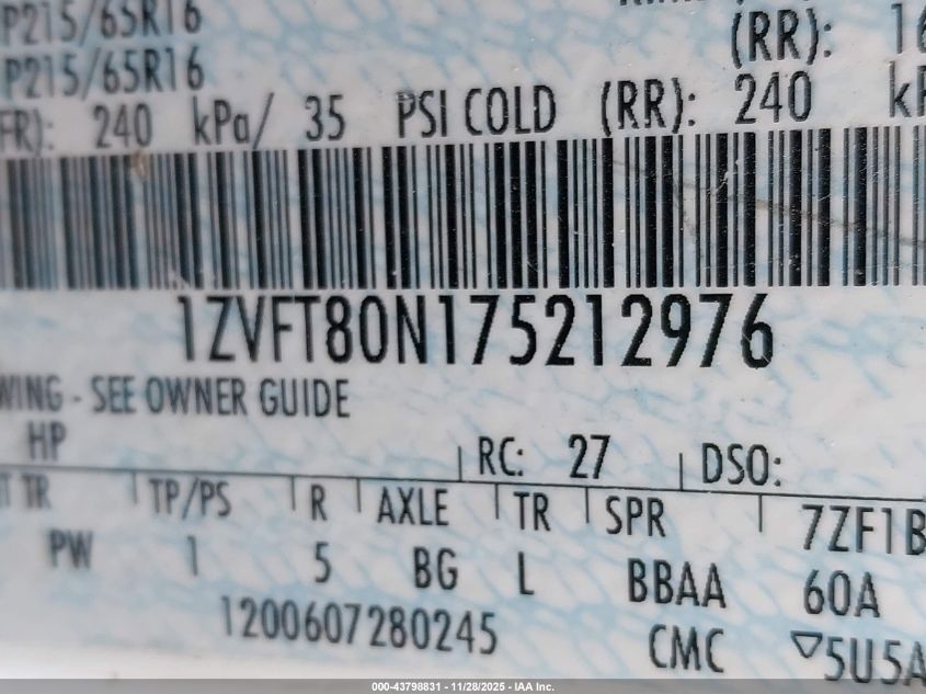 2007 Ford Mustang V6 Deluxe/V6 Premium VIN: 1ZVFT80N175212976 Lot: 43798831