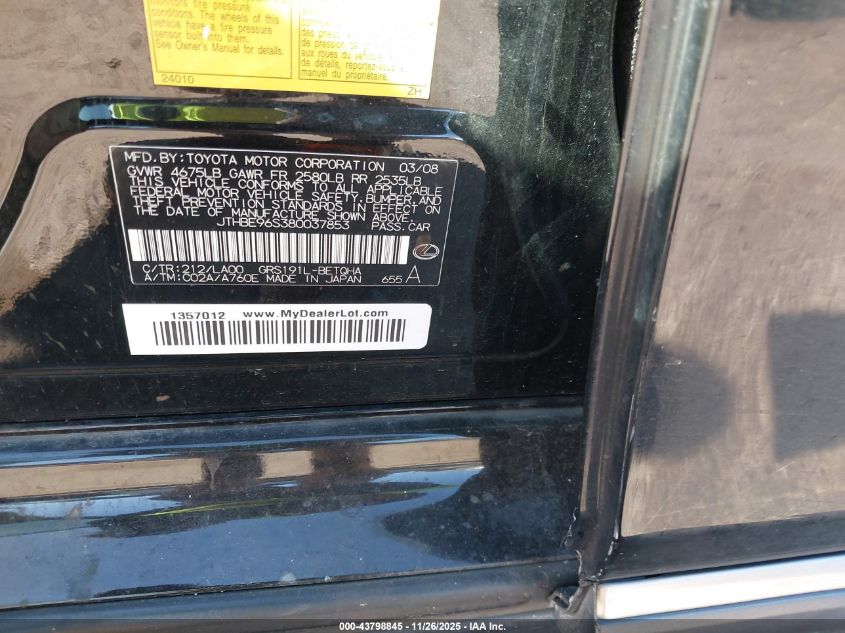 2008 Lexus Gs 350 VIN: JTHBE96S380037853 Lot: 43798845