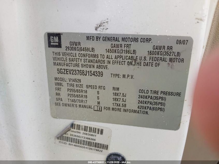 2008 Saturn Outlook Xr VIN: 5GZEV23768J154339 Lot: 43798851