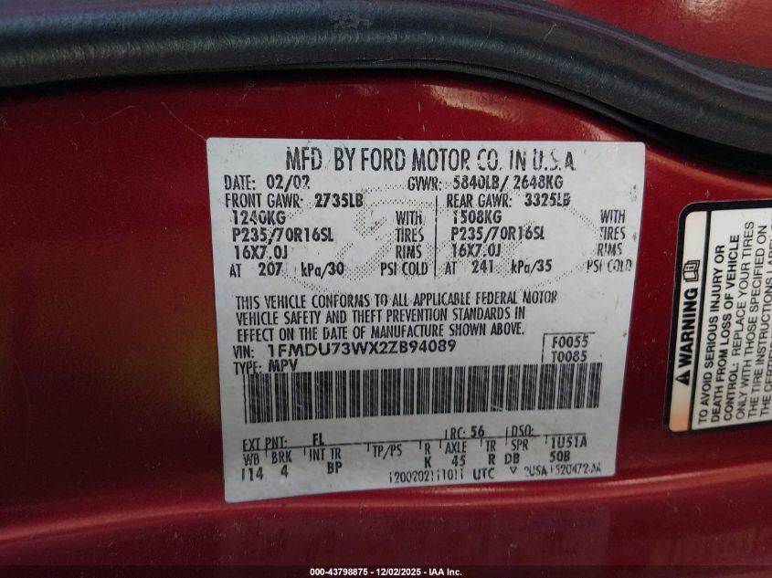 2002 Ford Explorer Xlt VIN: 1FMDU73WX2ZB94089 Lot: 43798875