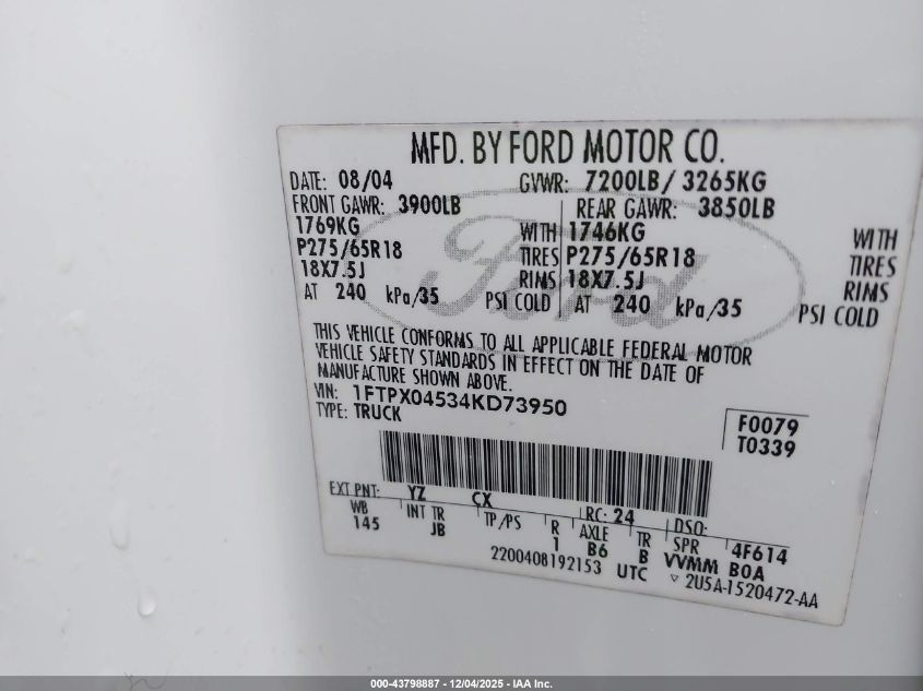 2004 Ford F-150 Fx4/Xlt VIN: 1FTPX04534KD73950 Lot: 43798887