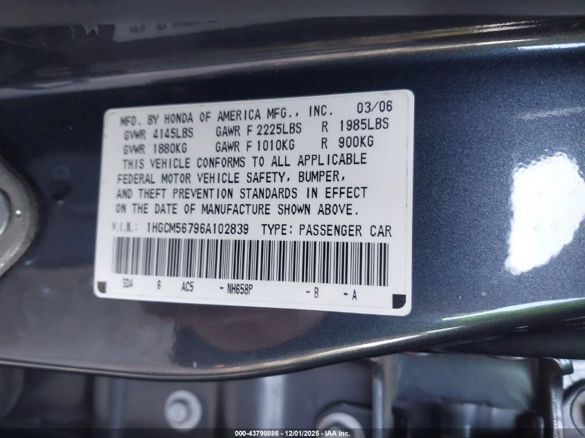 2006 Honda Accord Sdn 2.4 Ex/Ex VIN: 1HGCM56796A102839 Lot: 43798886