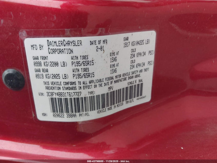 2001 Chrysler Pt Cruiser VIN: 3C8FY4BB31T617727 Lot: 43798889