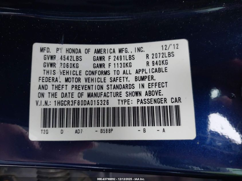 2013 Honda Accord Ex-L V-6 VIN: 1HGCR3F80DA015326 Lot: 43798892