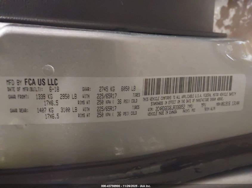 2018 Dodge Grand Caravan Gt VIN: 2C4RDGEG6JR336852 Lot: 43798900