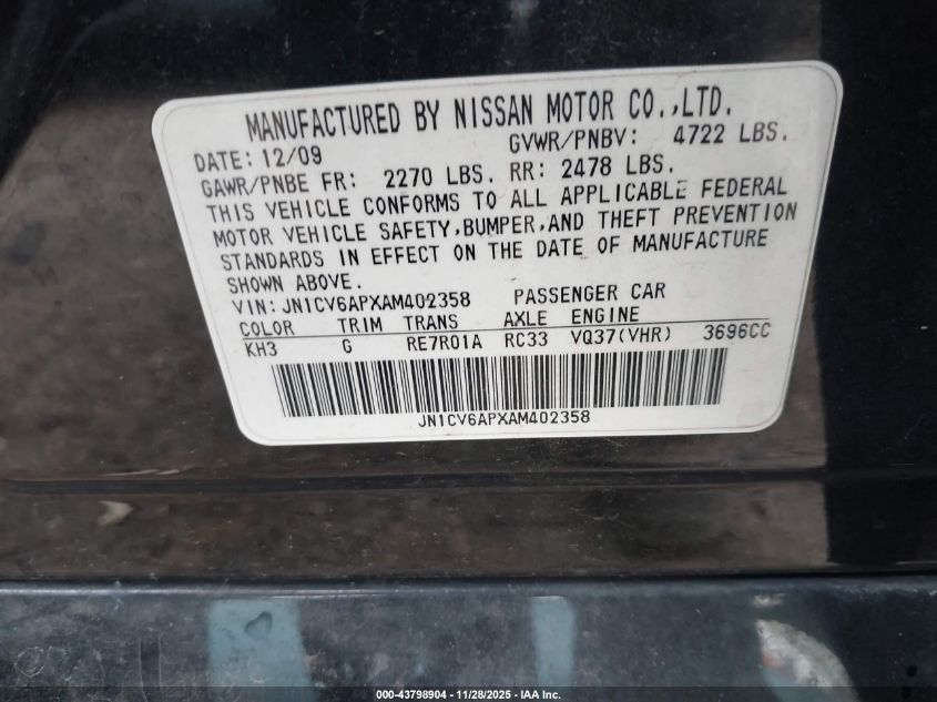 2010 Infiniti G37 Journey VIN: JN1CV6APXAM402358 Lot: 43798904