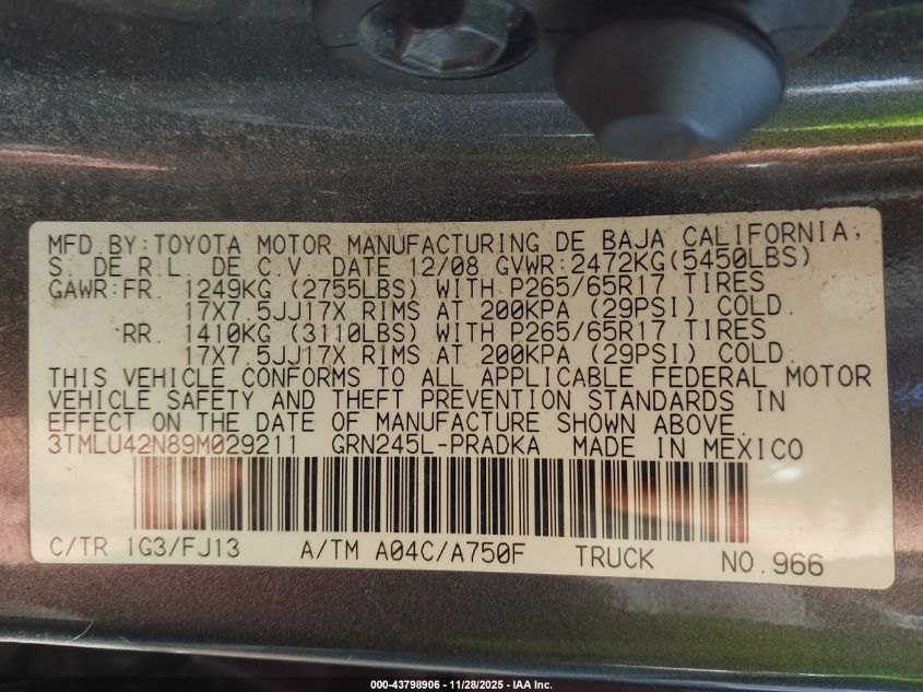 2009 Toyota Tacoma Base V6 VIN: 3TMLU42N89M029211 Lot: 43798906