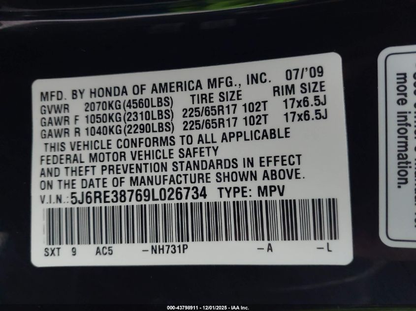 2009 Honda Cr-V Ex-L VIN: 5J6RE38769L026734 Lot: 43798911