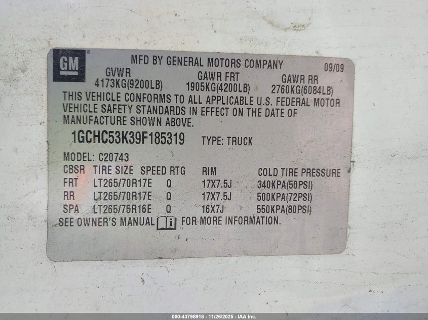 2009 Chevrolet Silverado 2500Hd Lt VIN: 1GCHC53K39F185319 Lot: 43798918