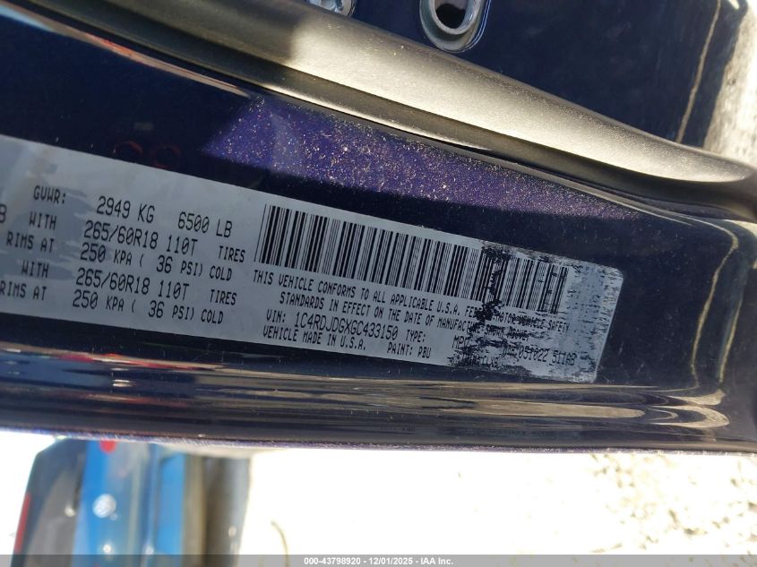 2016 Dodge Durango Limited VIN: 1C4RDJDGXGC433150 Lot: 43798920