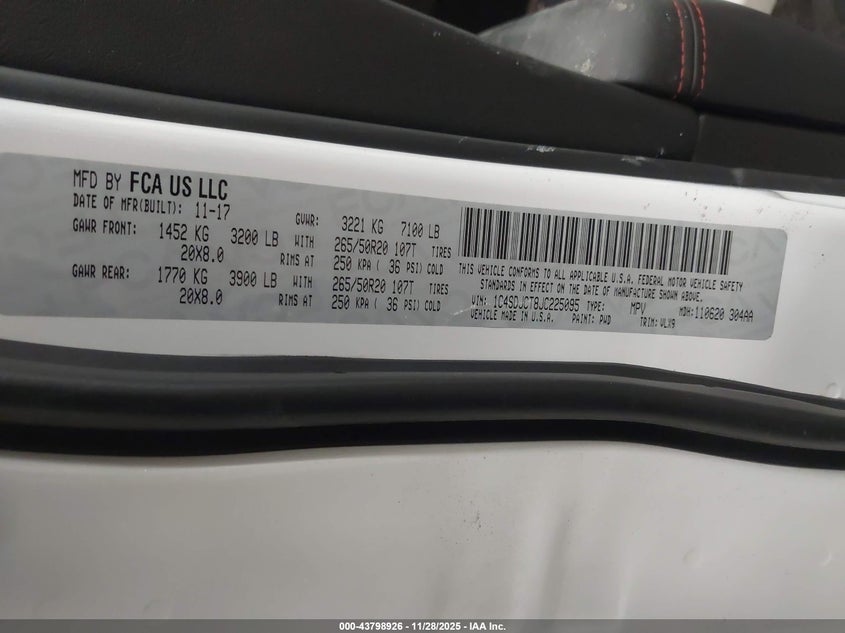 2018 Dodge Durango R/T Awd VIN: 1C4SDJCT8JC225095 Lot: 43798926