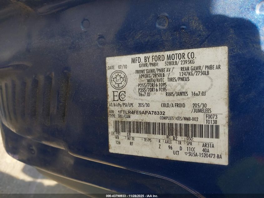 2010 Ford Ranger Sport VIN: 1FTLR4FE9APA78332 Lot: 43798933