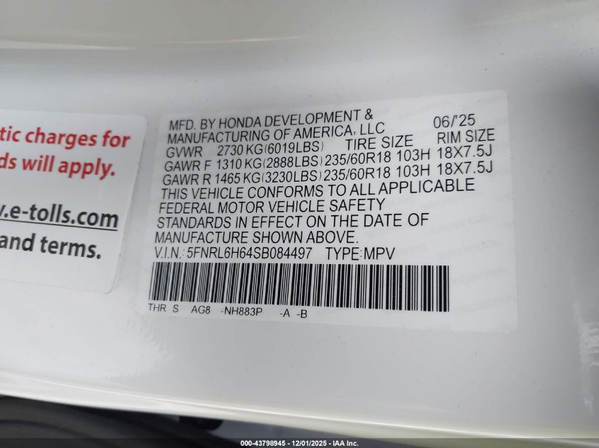 2025 Honda Odyssey Ex-L VIN: 5FNRL6H64SB084497 Lot: 43798945