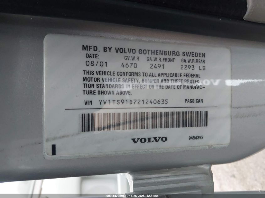 2002 Volvo S80 Executive/T6 VIN: YV1TS91D721240635 Lot: 43798958