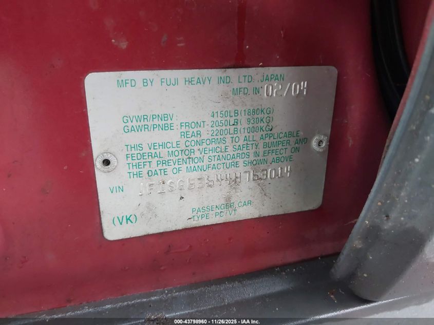 2004 Subaru Forester 2.5X VIN: JF1SG63644H763014 Lot: 43798960