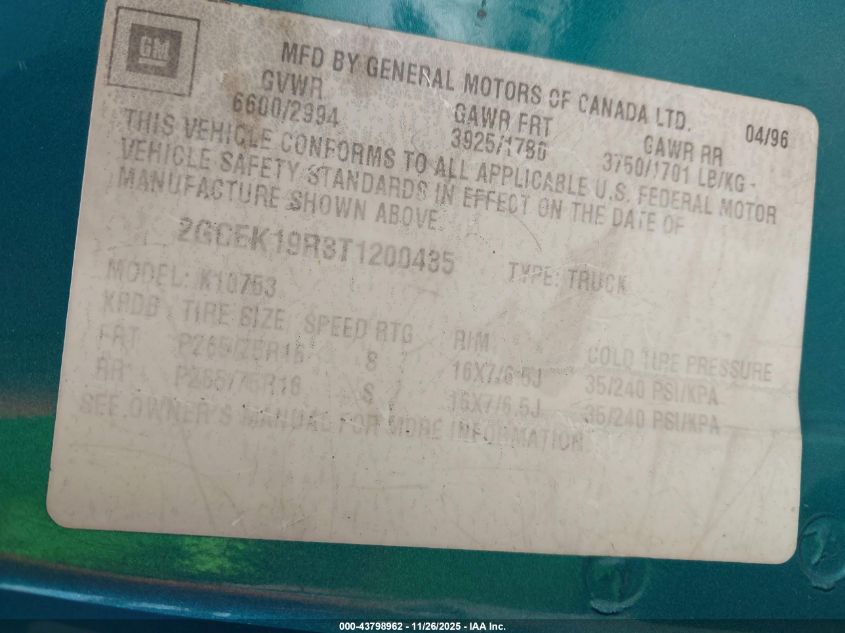 1996 Chevrolet Gmt-400 K1500 VIN: 2GCEK19R3T1200435 Lot: 43798962