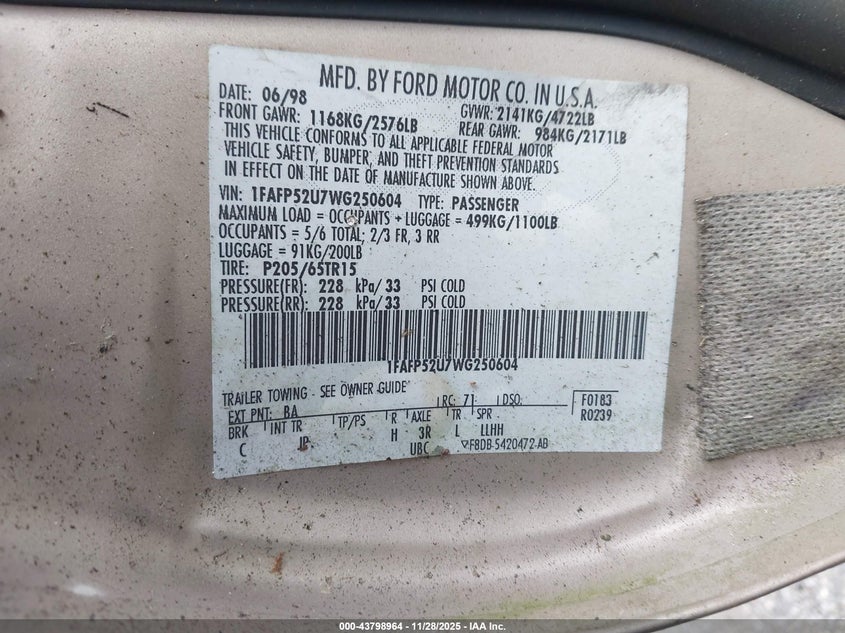 1998 Ford Taurus Lx/Se VIN: 1FAFP52U7WG250604 Lot: 43798964