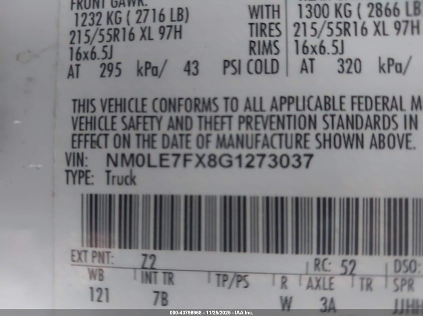 2016 Ford Transit Connect Xlt VIN: NM0LE7FX8G1273037 Lot: 43798968